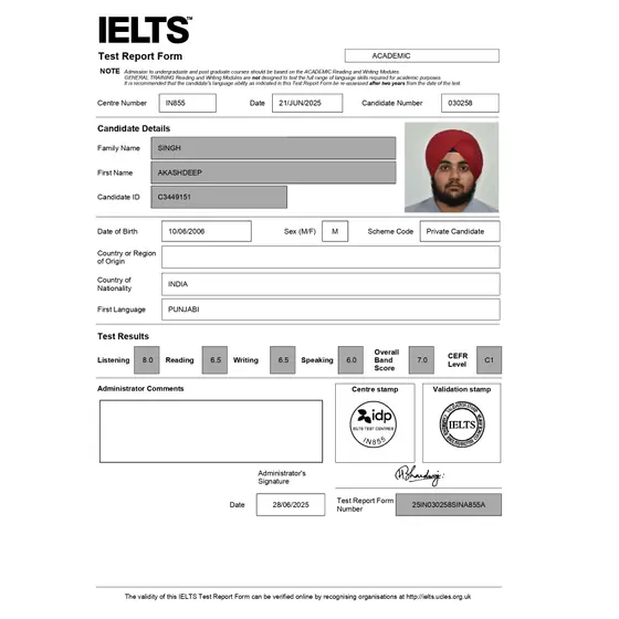 IELTS Test Report Form for Akashdeep showing an overall Band 7