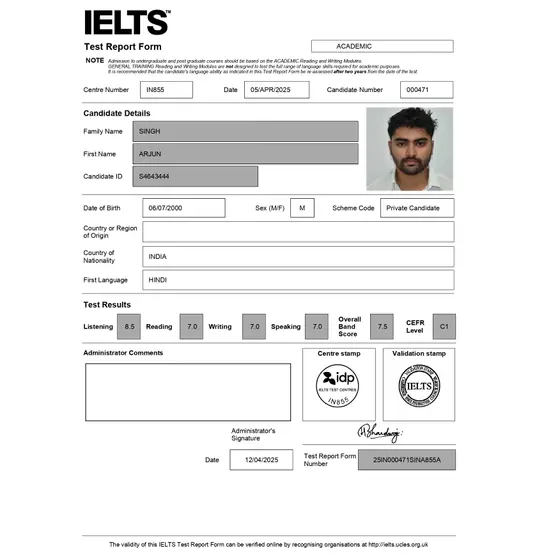 IELTS Test Report Form for Arjun showing an overall Band 7.5
