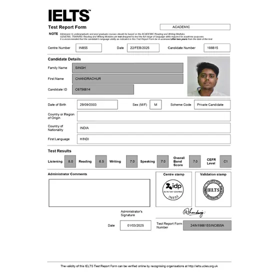 IELTS Test Report Form for Chandrachur showing an overall Band 7