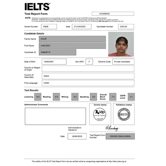 IELTS Test Report Form for Harleen showing an overall Band 7