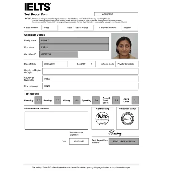 IELTS Test Report Form for Parul showing an overall Band 7.5