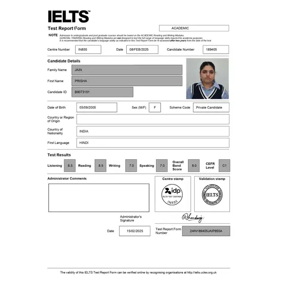 IELTS Test Report Form for Prisha showing an overall Band 8