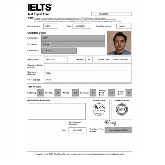 IELTS Test Report Form for Ridan showing an overall Band 7.5