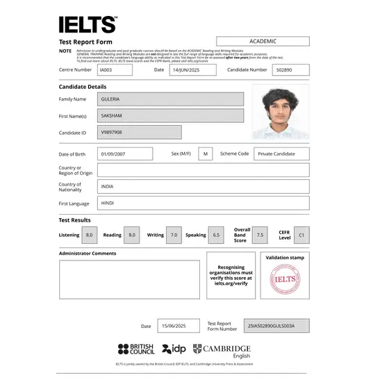 IELTS Test Report Form for Saksham showing an overall Band 7.5